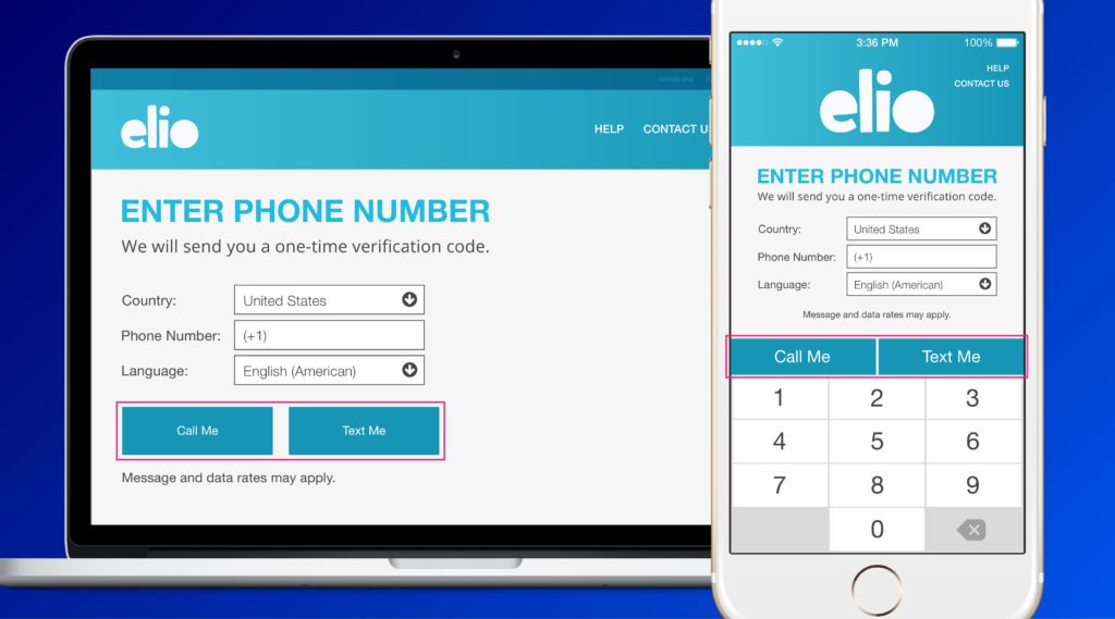 The elio app phone verification options.