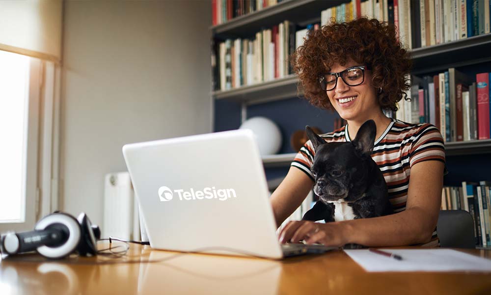 Biracial woman happily typing on a laptop while holding a french bulldog on her lap
