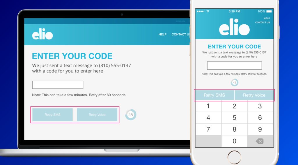 The elio app phone code verification messaging.