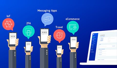 An illustration of people holding their smartphones next to a laptop.
