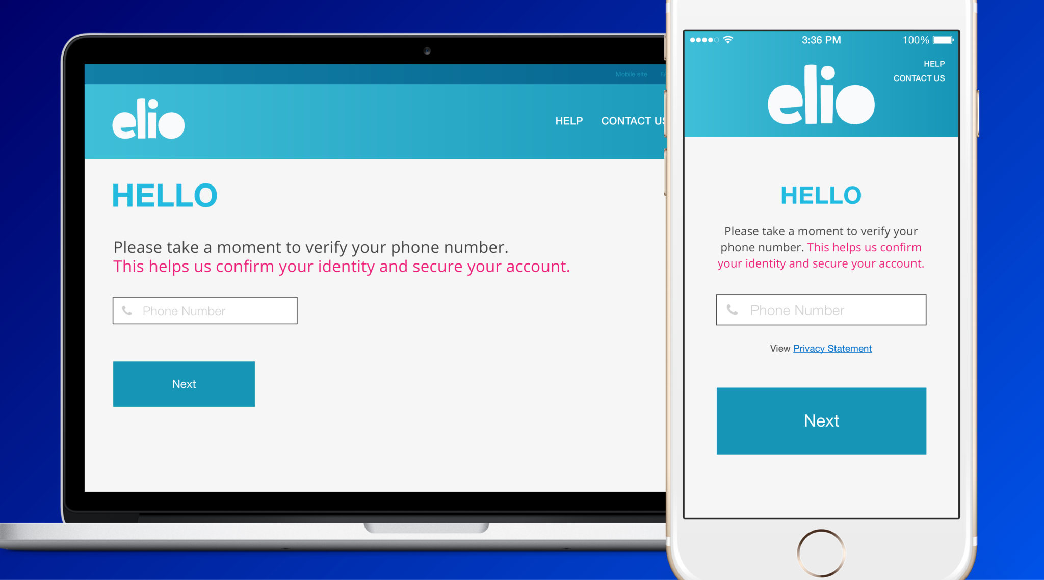 The elio app's phone number verification.