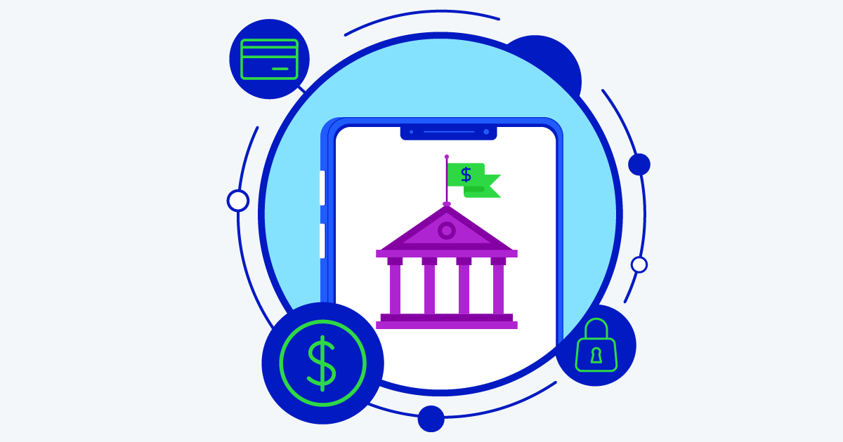 An illustration of a bank with a circling sphere of digital options around it.