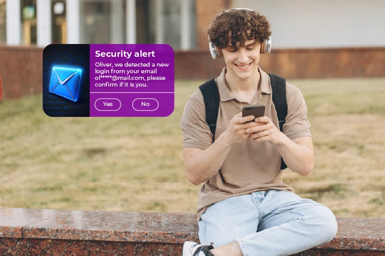 young man receiving a verification message on his phone