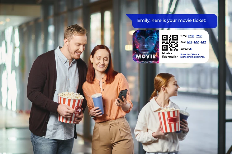Family accessing movie tickets on mobile device
