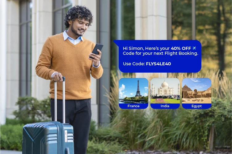Traveler looking at 40% promo discount text message